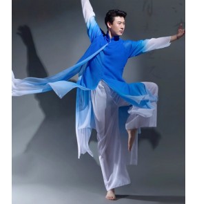 Blue Gradient Chinese folk dance costumes for men youth chinese kungfu wushu flowing classical sword fan dance performance uniforms ancient hanfu for male